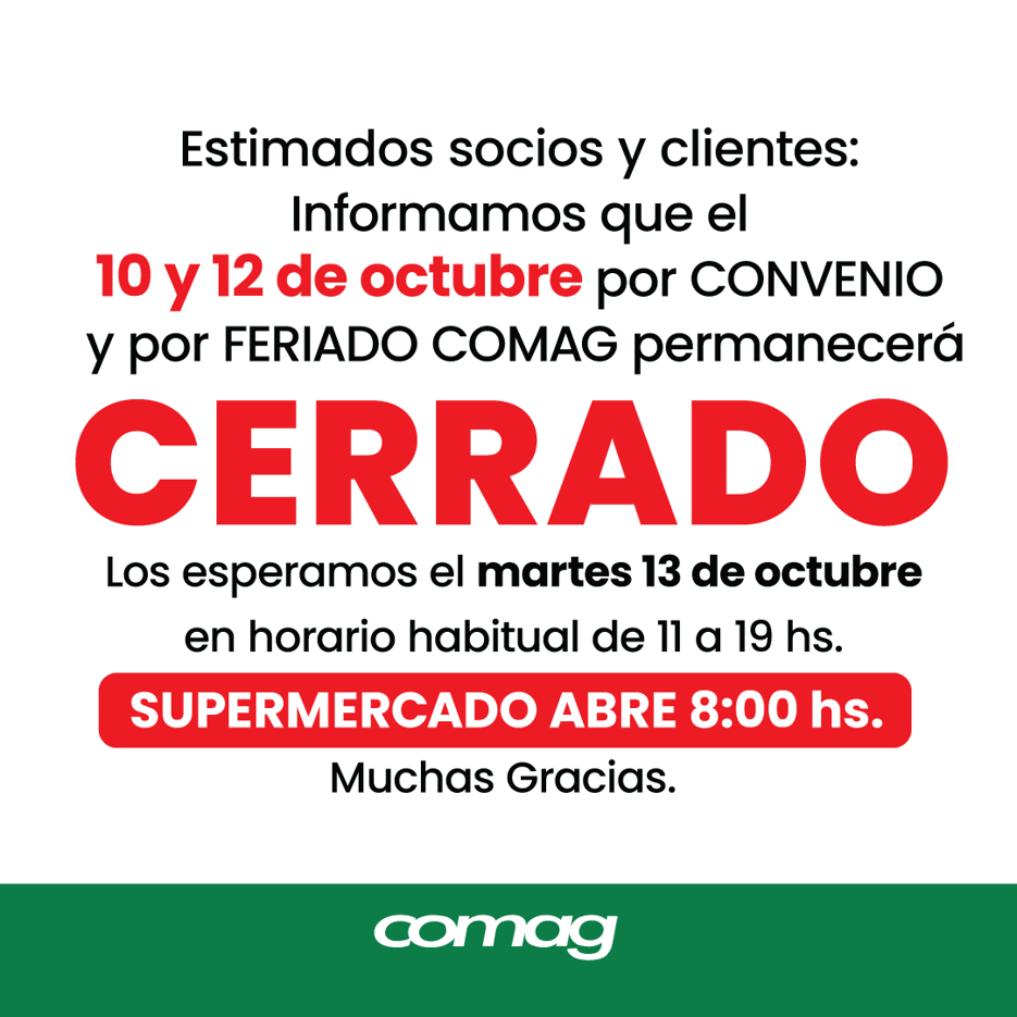 Cerrado el 10 y 12 de Octubre